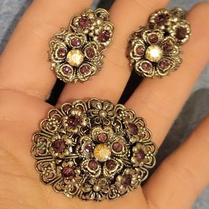 Marked WEST GERMAN demi vintage brooch earring married jewelry set.  Filigree